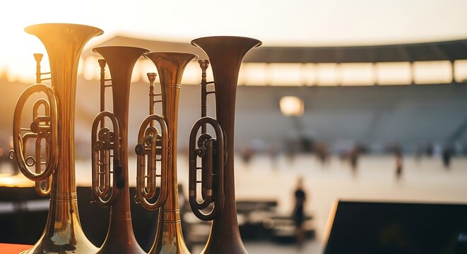 Brass marching band instruments gleaming in golden sunset light before a stadium performance with blurred crowd in background