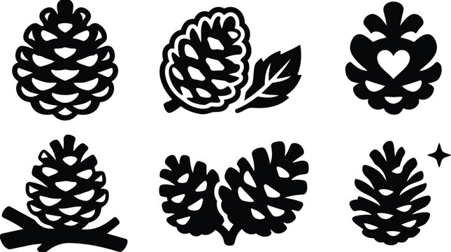 Vector line art pinecone silhouettes in black collection for winter decor and crafts
