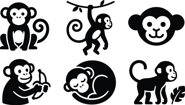 Six black and white monkey vector icons with banana and leaf in flat design