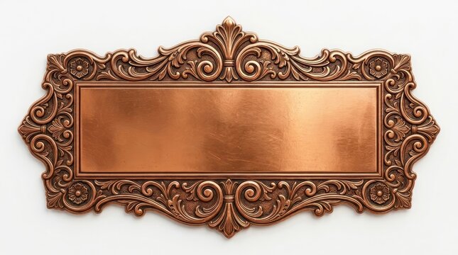 A rectangular, ornate copper plaque with intricate floral and scroll designs, set against a white background.