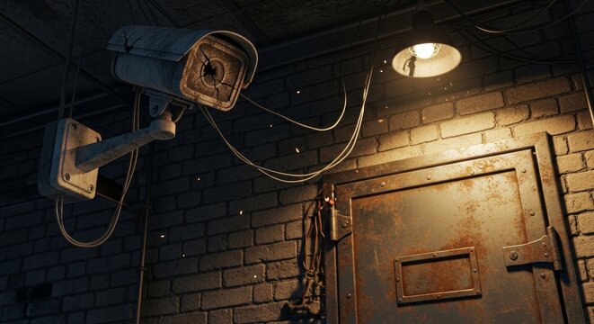 Damaged surveillance camera overlooks dark industrial setting