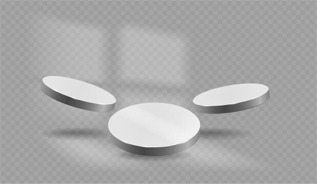 Floating monochrome podiums with window light shadow effect. Vector 3D circle studio stage composition. Platform scene for product presentation, branding display and advertising concept