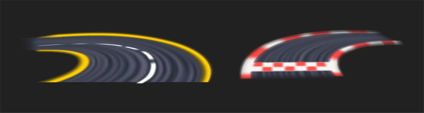 Dynamic curved street blur with glowing neon lines on racing course. Vector realistic road perspective for rapid motion. Automotive designs and sport event posters. Speed and fast driving