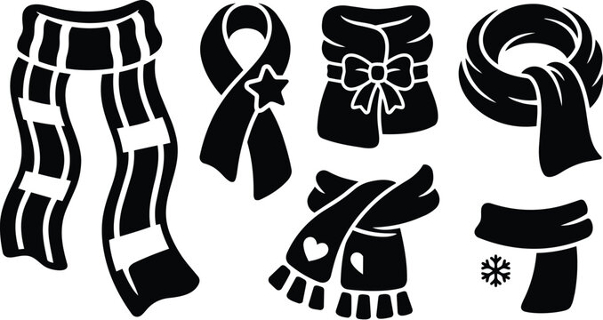 Winter scarf set vector line art featuring striped scarf bow scarf infinity scarf heart scarf and snowflake scarf motifs