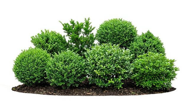 A group of neatly trimmed shrubs with round, green foliage, likely boxwood bushes, arranged in a landscaped setting with dark brown mulch around them.