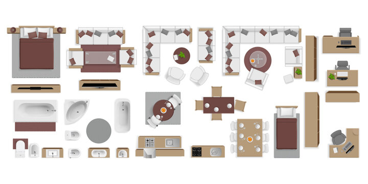 Home furniture, top view. Interior mixed layout. Dining kitchen and bathroom, bedroom and living room elements. Vector set of realistic household objects. Seating, storage and functional zones