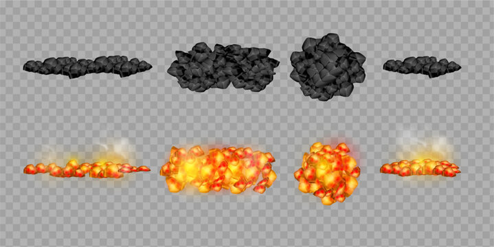 Charcoal pieces in various shapes with hot burning state and smoke. Vector realistic fuel material used for barbecue and grilling process. Top and side views. Outdoor cooking and fire preparation