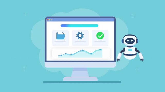 Flat vector animation of a desktop dashboard with analytics chart, folder icon, settings, and a friendly robot assistant, representing AI automation and digital workflow management.