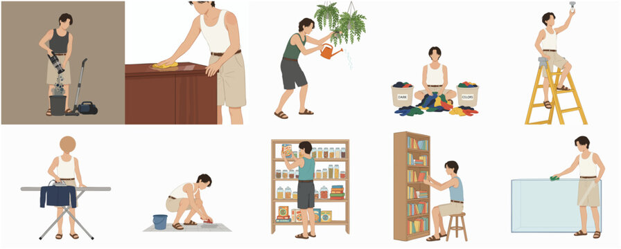 Flat Style Detailed Illustration of People Doing Various Household Chores at Home