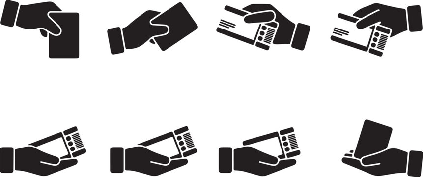 Passport and ticket icon set, flat blak travel ticket vector icons