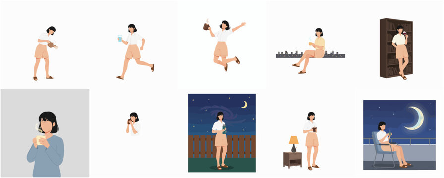 Flat Illustration Set of Woman Enjoying Leisure Activities in Various Scenes