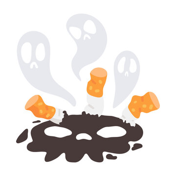 Ghosts Hovering Over Extinguished Cigarettes in an Ash Tray Illustration Concept