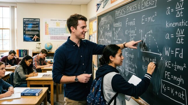 A classroom scene where a male teacher and a female student are pointing at a blackboard filled with physics equations.  