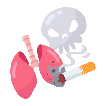 Smoking Damage Cartoon Lungs Damaged by Cigarette with Skull Smoke Illustration