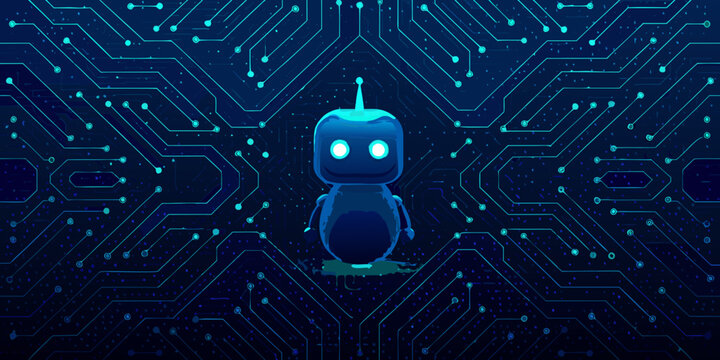A blue robot stands centered within a complex digital circuit background