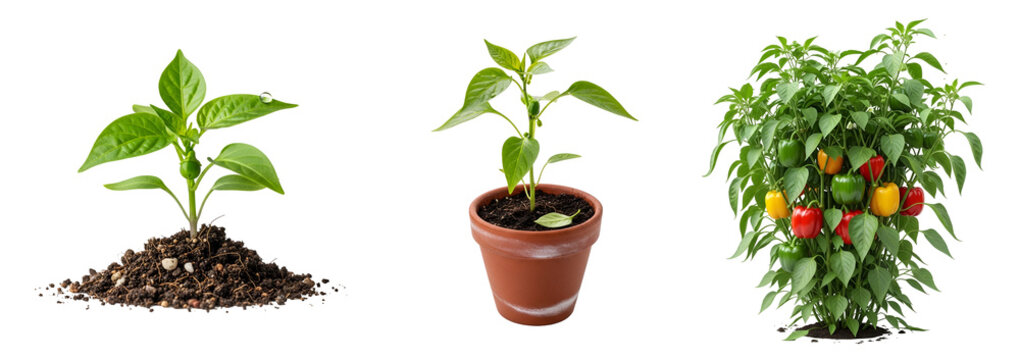 A vibrant plant grows from soil into a potted plant and then into a lush fruit-bearing tree on transparent background