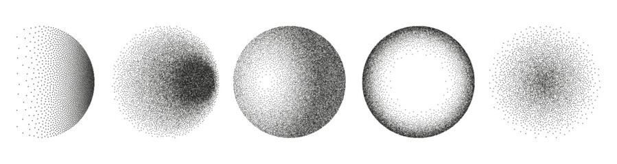 Obraz premium Noise grainy texture circles set, pointillism gradient dots. Vector grunge round shaped with dotwork elements. Monochrome subtle lighting effect of color transition. Sand grain reflection