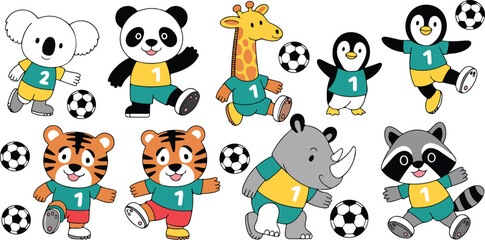 Cute cartoon animal soccer players vector set featuring panda tiger koala penguin giraffe rhino and raccoon playing football © Sonaton