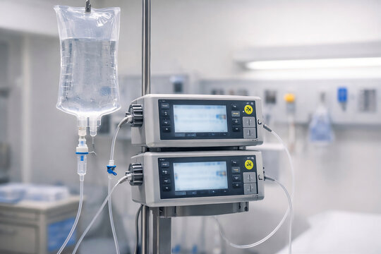 Photorealistic clinical treatment setup: IV fluid bag connected to an infusion pump with tubing in a clean hospital environment
