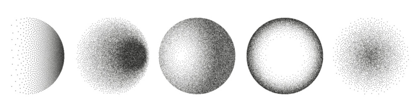 Noise grainy texture circles set, pointillism gradient dots. Vector grunge round shaped with dotwork elements. Monochrome subtle lighting effect of color transition. Sand grain reflection