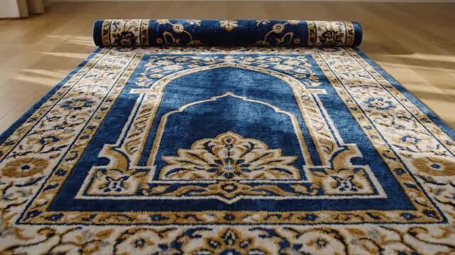 Beautiful blue and gold oriental rug with white fringe on wooden floor