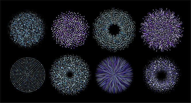 Abstract circular compositions formed with dot structure. Vector radial arrangement with points gradient transition. Round shape digital backgrounds. Optical illusion and decorative circle formation
