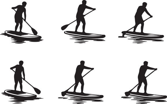 Stand up paddelboarding icon set, flat black vector icons