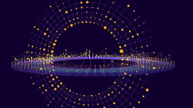 Abstract digital technology disks. Big Data. Circles from color data radial flow. Futuristic circular infographic motion. 3D visualization VR cyberspace. Cryptocurrency and technology concept.