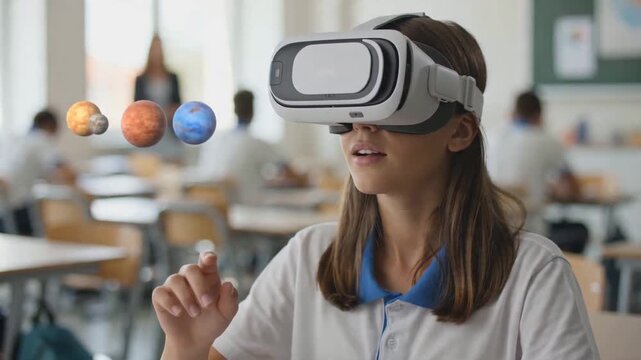 Experiencing Immersive Learning: Young Female Student Engaged with Virtual Reality Headset Exploring
