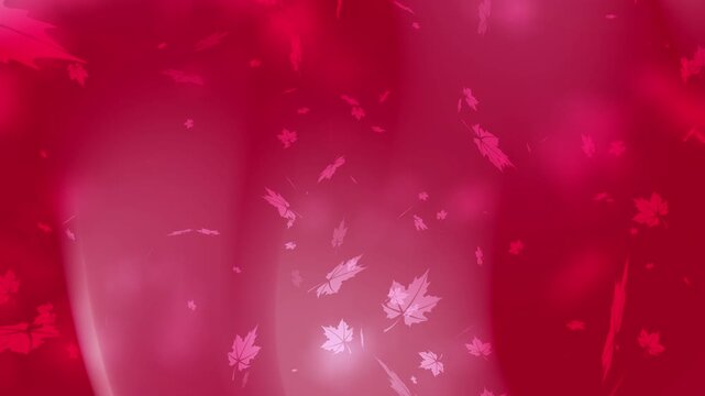 Red background light illuminates falling maple leaves, creating a dreamy scene suitable for autumn themed designs or nature inspired projects.