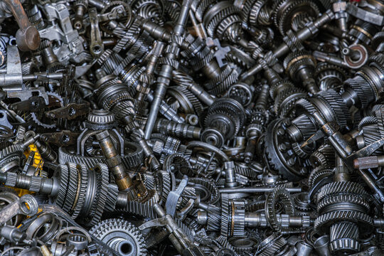 Close-up of Pile of Metal Gears and Automotive Parts