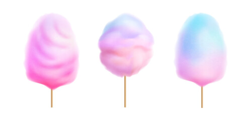 Fototapeta premium Sugar cotton candy set with cloud form and airy structure. Vector confections with fiber texture. Joyful desserts for fairground and festive event atmosphere. Sweet product for commercial food design