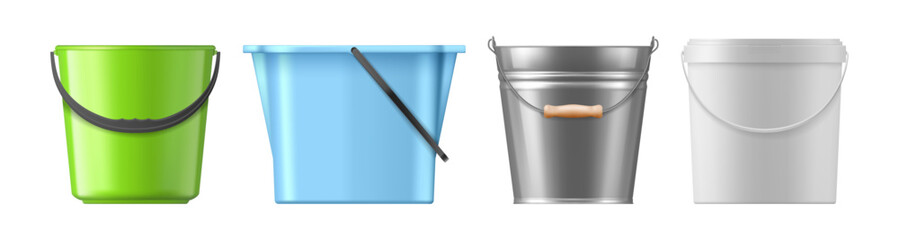 Buckets realistic set. Vector isolated plastic and metallic containers. Square and round, galvanized metal pail with ribbed body and acrylic paint vessel. Household and garden equipment © Sensvector