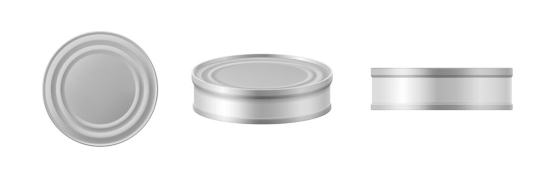 Minimalist realistic tin cans set. Vector metallic containers, side and top views. Food packaging presentations and supermarket product. Commercial advertising or metal storagebox demonstrations