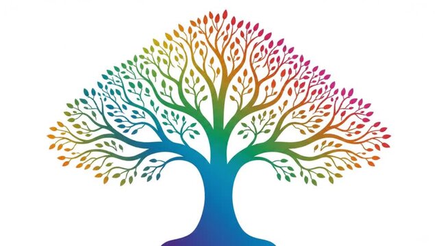 Colorful tree with rainbow branches isolated on white background symbolizing growth and nature