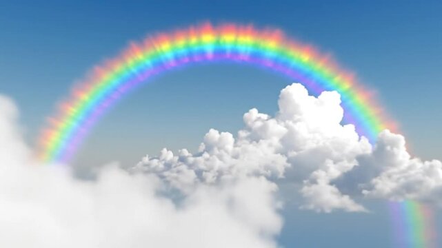 Vibrant rainbow arching over fluffy white clouds in a clear blue sky with natural light