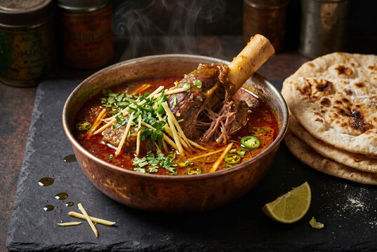Slow-cooked lamb shank curry in rich, spiced gravy, garnished with ginger, herbs, and chilies, served with naan bread.