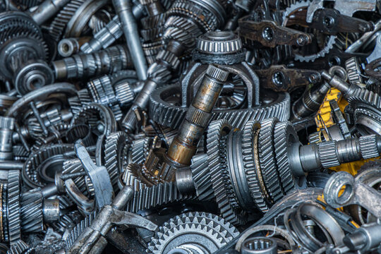 Close-up of assorted metal gears and mechanical components