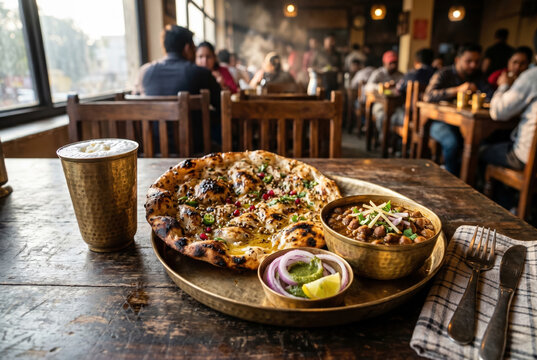 Amritsari kulcha platter with chole served in busy restaurant setting
