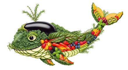 Fototapeta premium Creative whale made of fresh vegetables and fruits