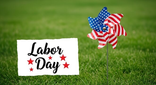 Labor day celebration with american flags and festive sign