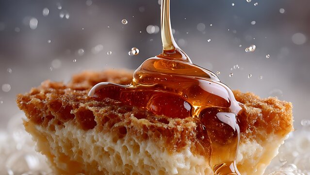 Sweet honey or caramel syrup pouring over delicious sponge cake slice close up
