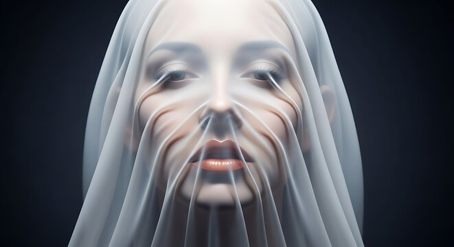 Mysterious and dramatic portrait of a woman's face covered by a sheer white translucent fabric veil with dark background, portrait