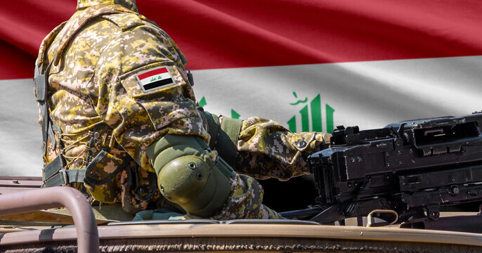 Iraq flag with soldier at machinegun turret