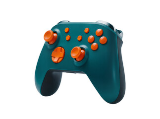 Isolated modern teal and orange wireless video game controller for console or PC gaming © Saoirse