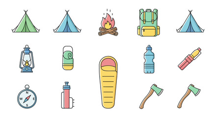 Camping gear and outdoor equipment icons.
