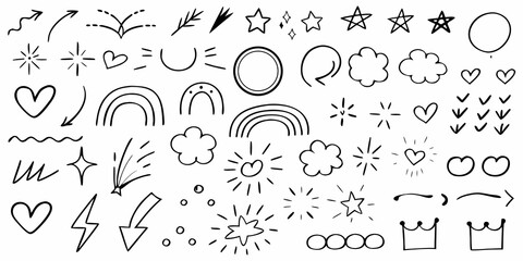 Fototapeta premium Collection of hand drawn doodle elements including stars hearts and arrows