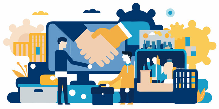 A digital handshake signifies a business deal and successful collaboration