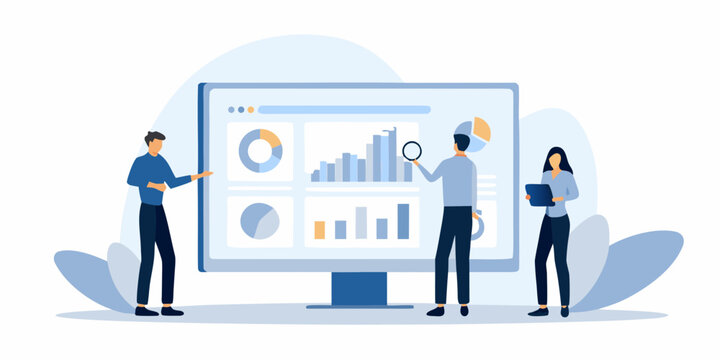 Team analyzing data and charts displayed on a large computer screen