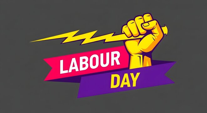 Labour day illustration a fist with lightning and ribbon banner